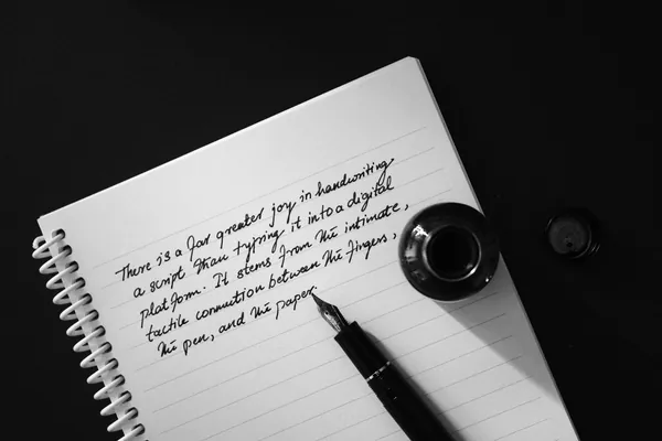 Handwritten notebook page with a fountain pen and an ink bottle, in black and white