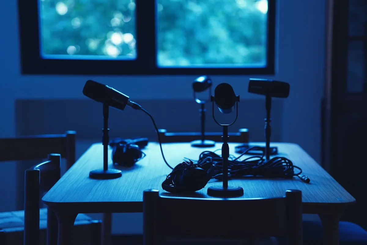 Empty table with four microphones and headphones in a dim, blue-lit room